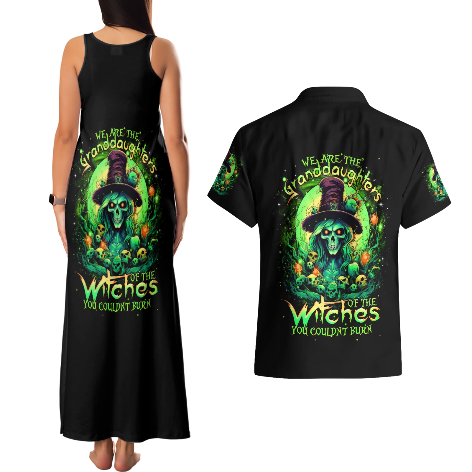 Witch Skull Couples Matching Tank Maxi Dress and Hawaiian Shirt We Are The Granddaughters Of The Witches - Wonder Print Shop