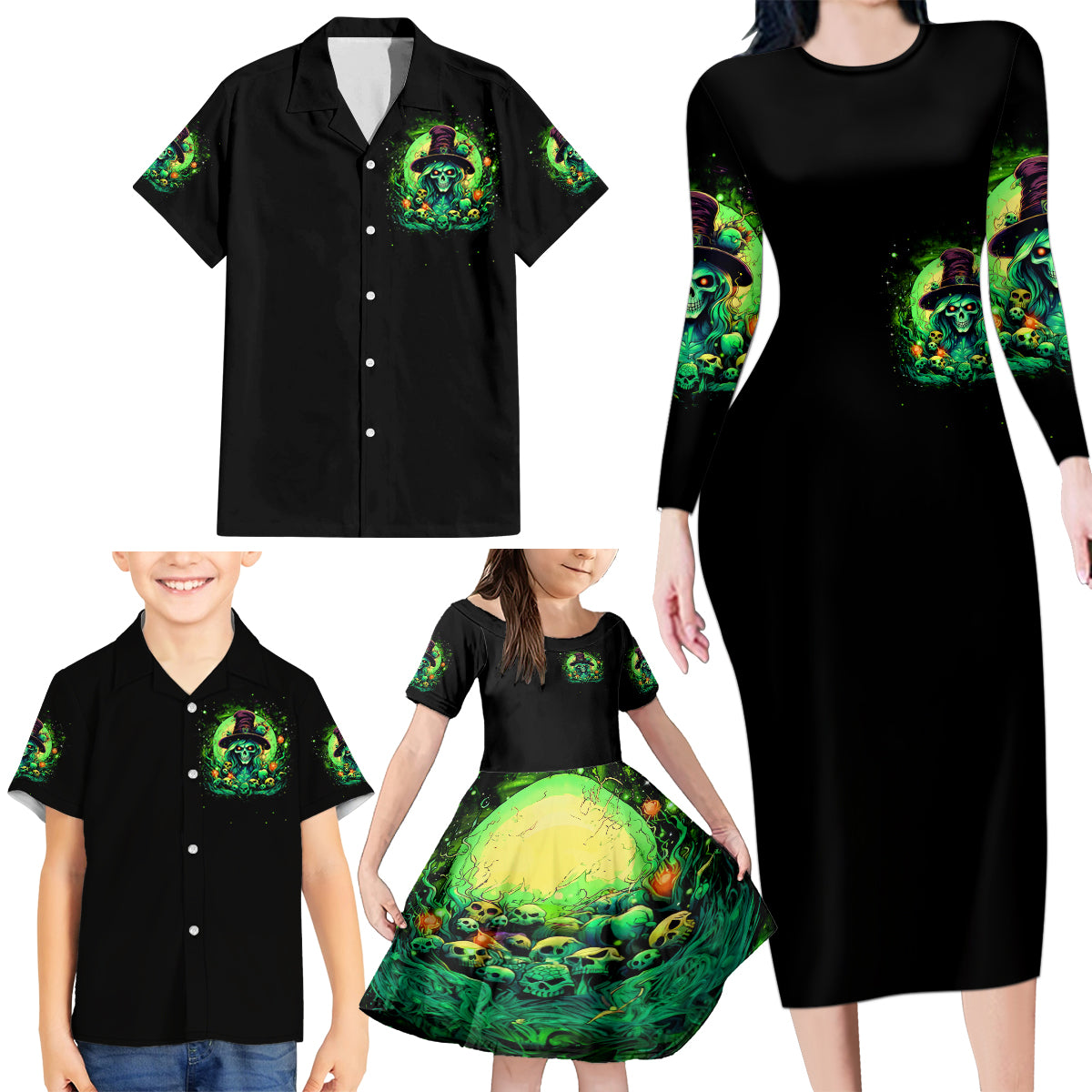 Witch Skull Family Matching Long Sleeve Bodycon Dress and Hawaiian Shirt We Are The Granddaughters Of The Witches - Wonder Print Shop