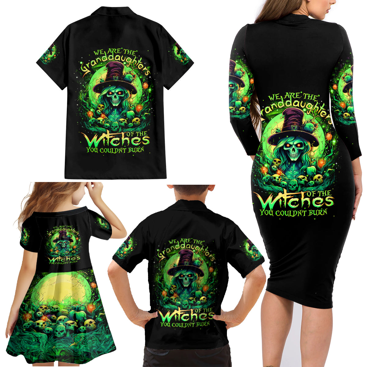 Witch Skull Family Matching Long Sleeve Bodycon Dress and Hawaiian Shirt We Are The Granddaughters Of The Witches - Wonder Print Shop