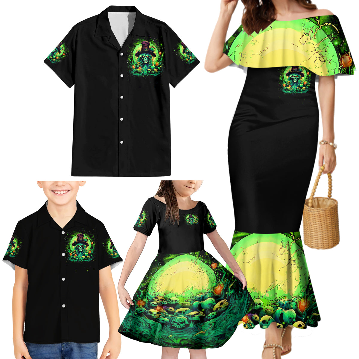 Witch Skull Family Matching Mermaid Dress and Hawaiian Shirt We Are The Granddaughters Of The Witches - Wonder Print Shop