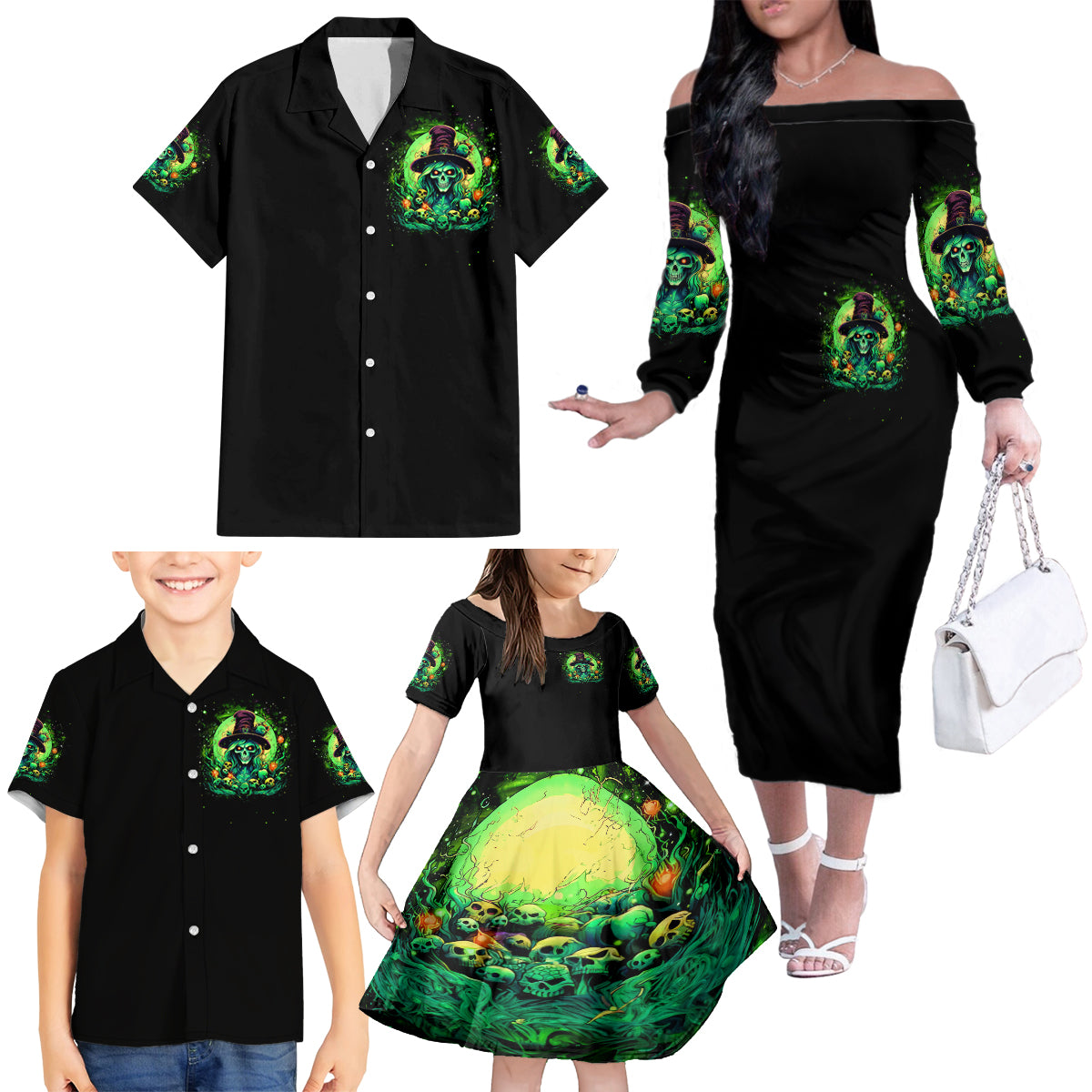 Witch Skull Family Matching Off Shoulder Long Sleeve Dress and Hawaiian Shirt We Are The Granddaughters Of The Witches - Wonder Print Shop
