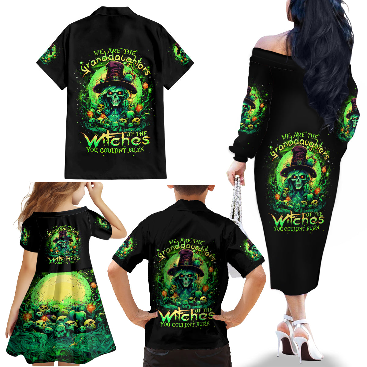 Witch Skull Family Matching Off Shoulder Long Sleeve Dress and Hawaiian Shirt We Are The Granddaughters Of The Witches - Wonder Print Shop