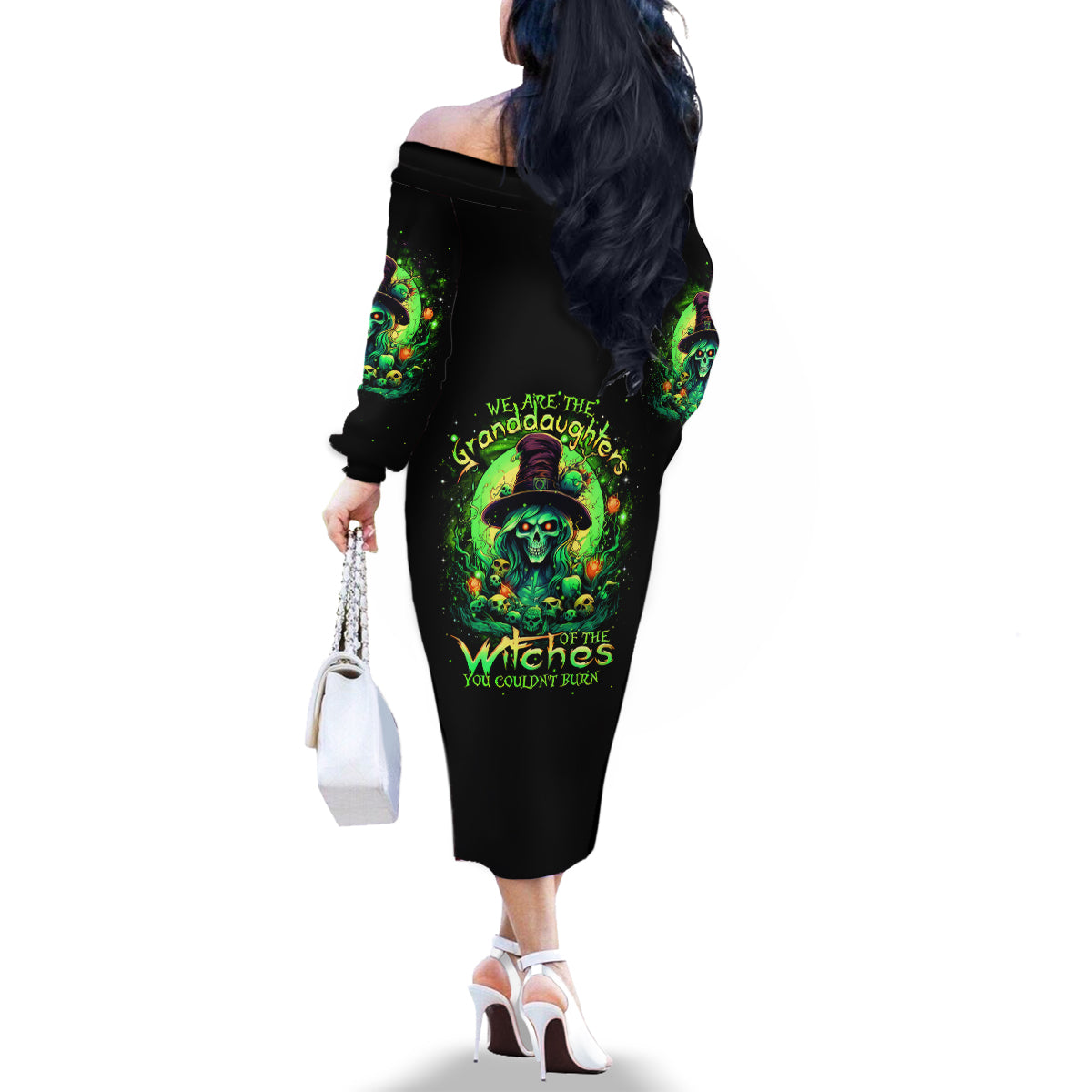 Witch Skull Family Matching Off Shoulder Long Sleeve Dress and Hawaiian Shirt We Are The Granddaughters Of The Witches - Wonder Print Shop