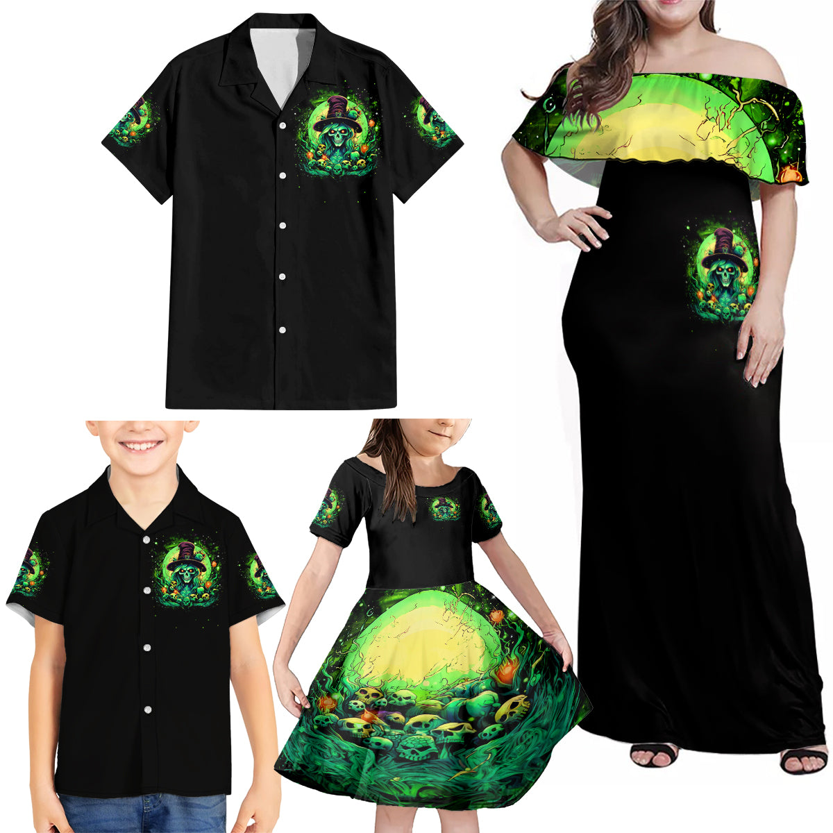 Witch Skull Family Matching Off Shoulder Maxi Dress and Hawaiian Shirt We Are The Granddaughters Of The Witches - Wonder Print Shop