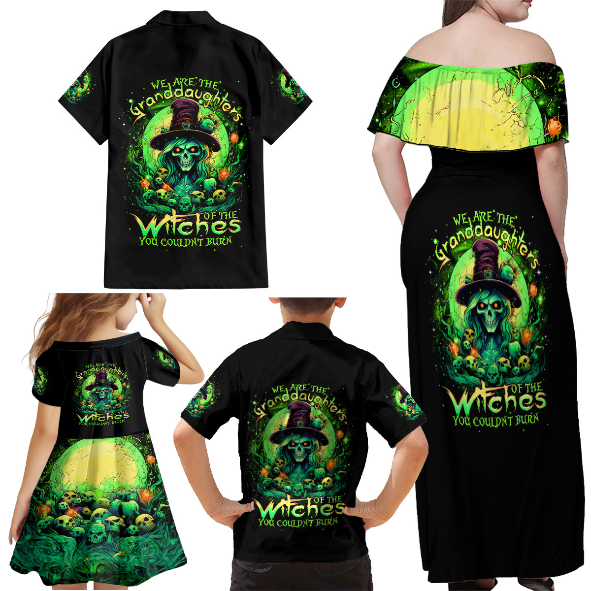 Witch Skull Family Matching Off Shoulder Maxi Dress and Hawaiian Shirt We Are The Granddaughters Of The Witches - Wonder Print Shop