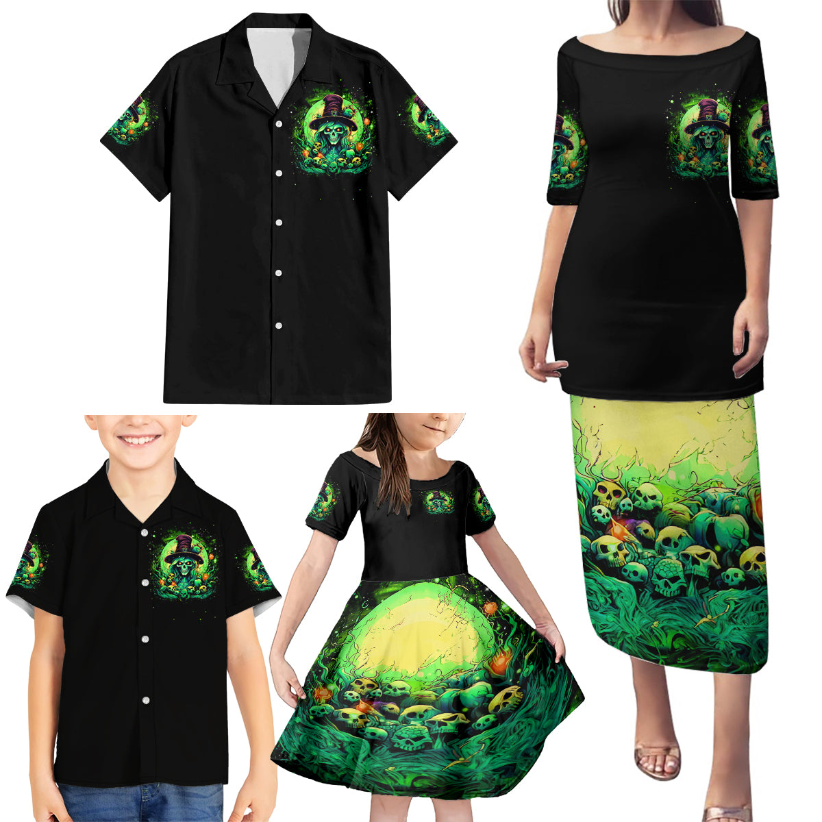 Witch Skull Family Matching Puletasi Dress and Hawaiian Shirt We Are The Granddaughters Of The Witches - Wonder Print Shop