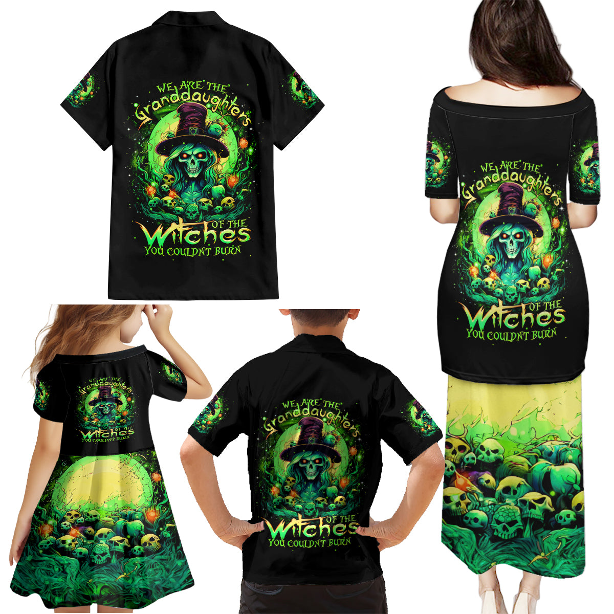 Witch Skull Family Matching Puletasi Dress and Hawaiian Shirt We Are The Granddaughters Of The Witches - Wonder Print Shop
