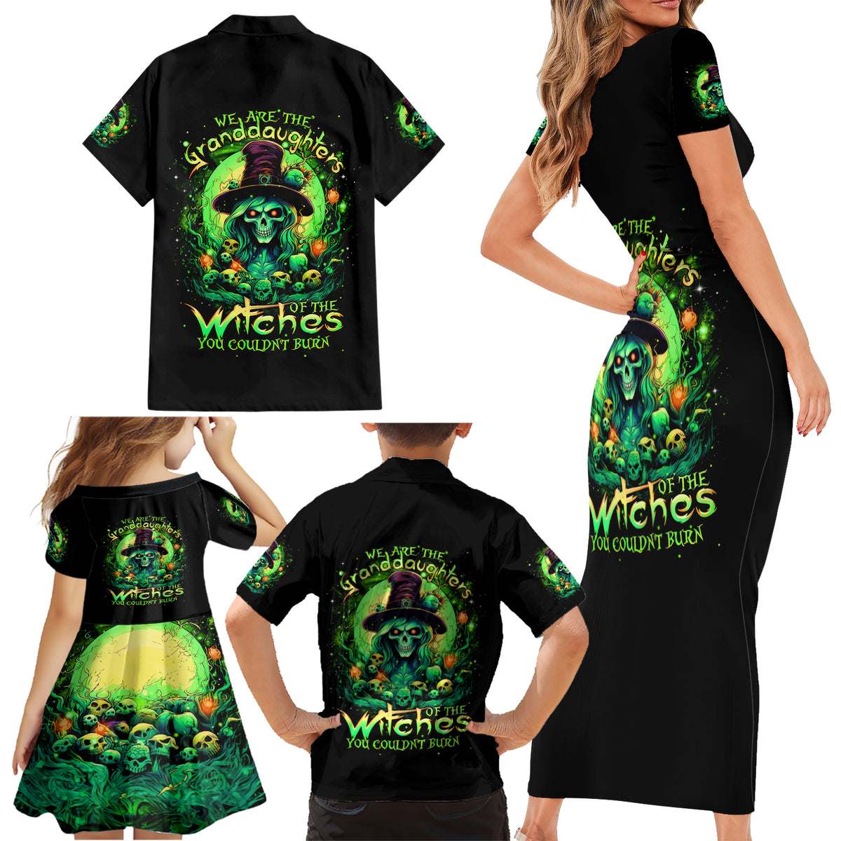 Witch Skull Family Matching Short Sleeve Bodycon Dress and Hawaiian Shirt We Are The Granddaughters Of The Witches - Wonder Print Shop