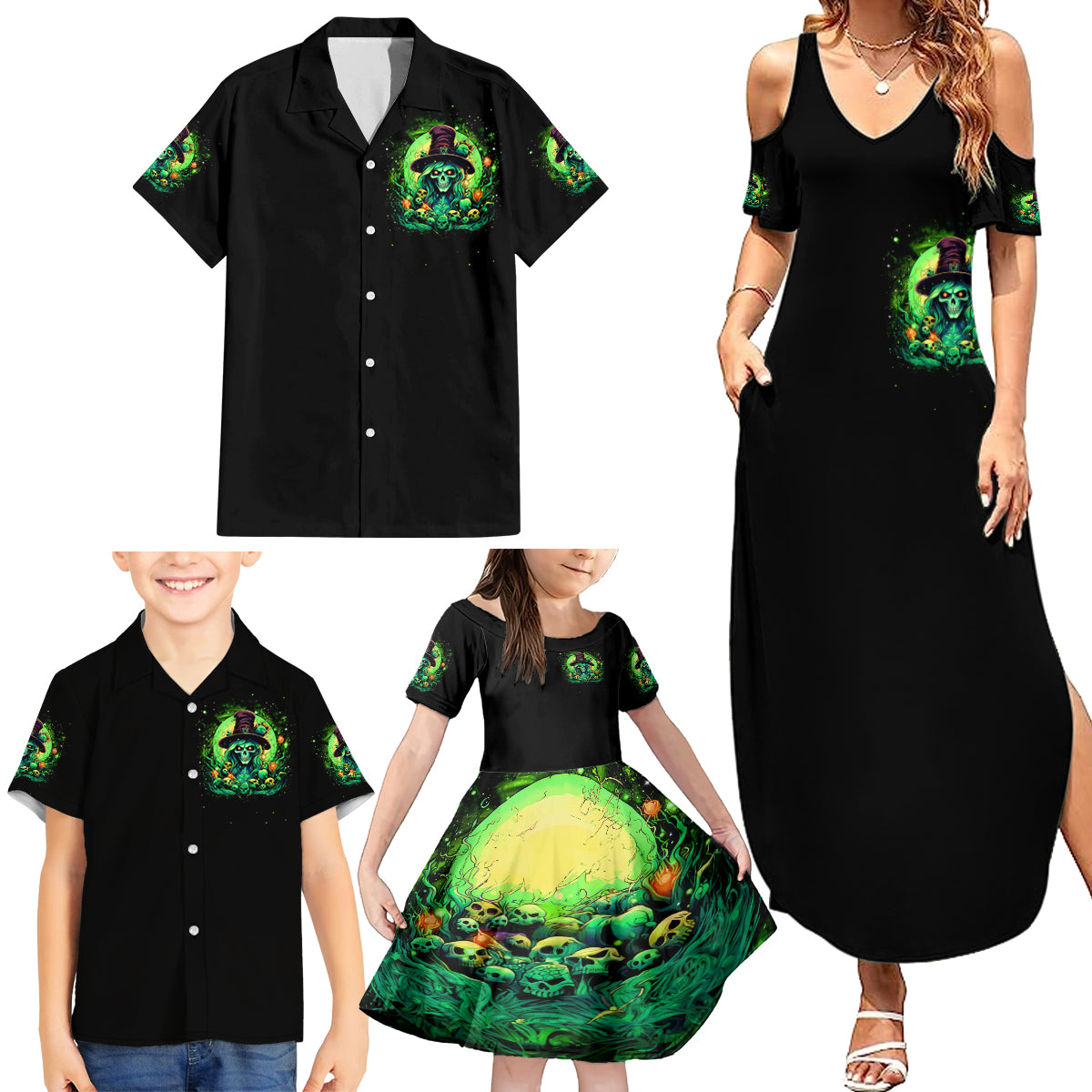 Witch Skull Family Matching Summer Maxi Dress and Hawaiian Shirt We Are The Granddaughters Of The Witches - Wonder Print Shop