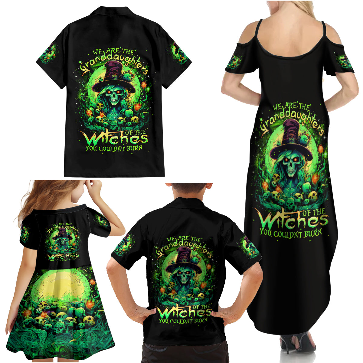 Witch Skull Family Matching Summer Maxi Dress and Hawaiian Shirt We Are The Granddaughters Of The Witches - Wonder Print Shop