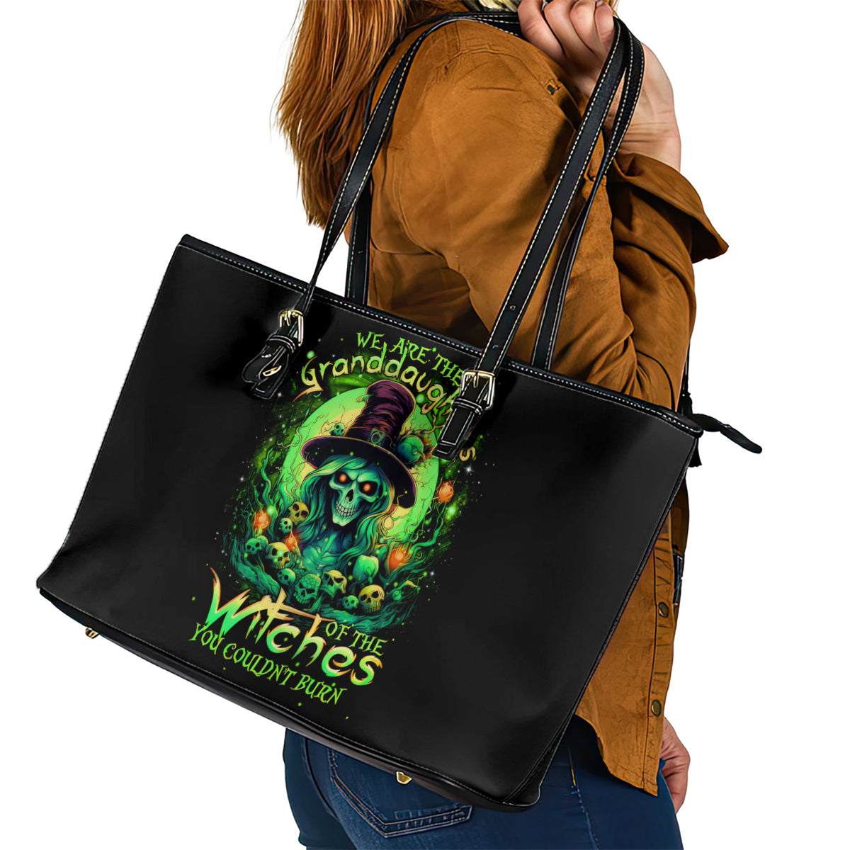 Witch Skull Leather Tote Bag We Are The Granddaughters Of The Witches - Wonder Print Shop