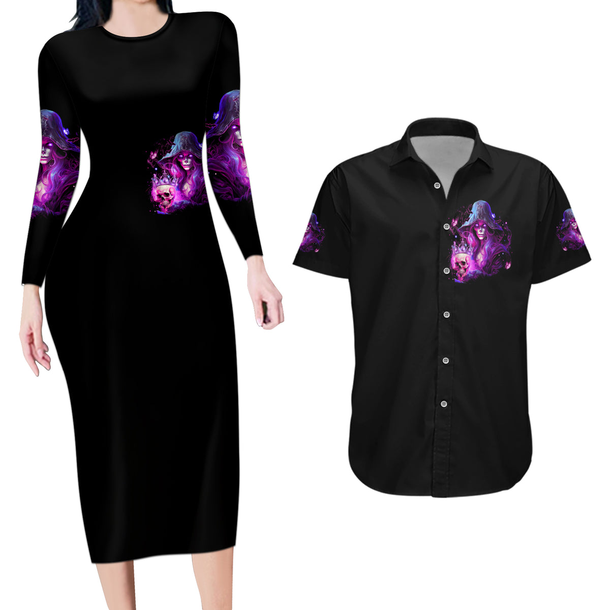 Witch Skull Couples Matching Long Sleeve Bodycon Dress and Hawaiian Shirt It's More Fun Being The Wicked Witch - Wonder Print Shop