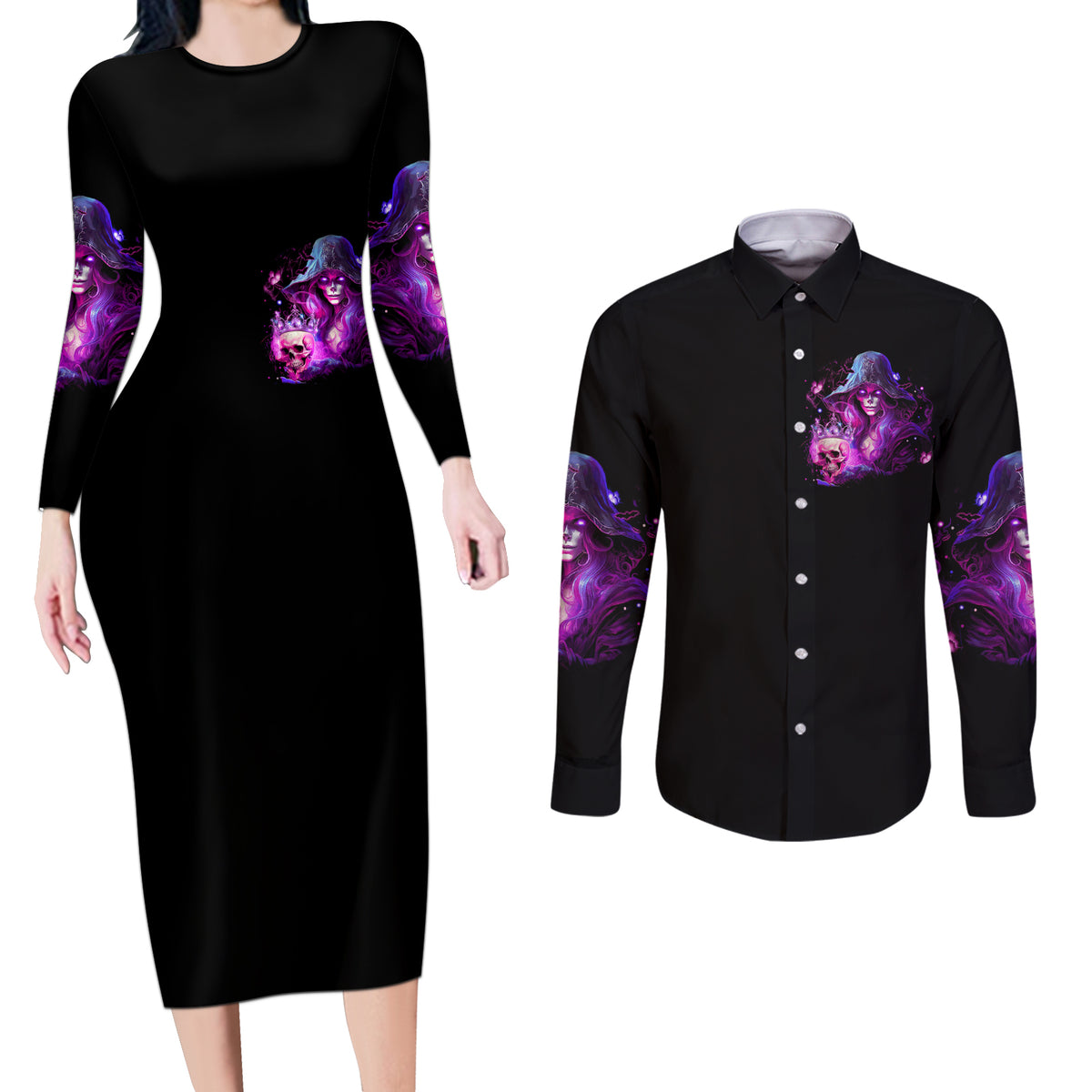 Witch Skull Couples Matching Long Sleeve Bodycon Dress and Long Sleeve Button Shirt It's More Fun Being The Wicked Witch - Wonder Print Shop