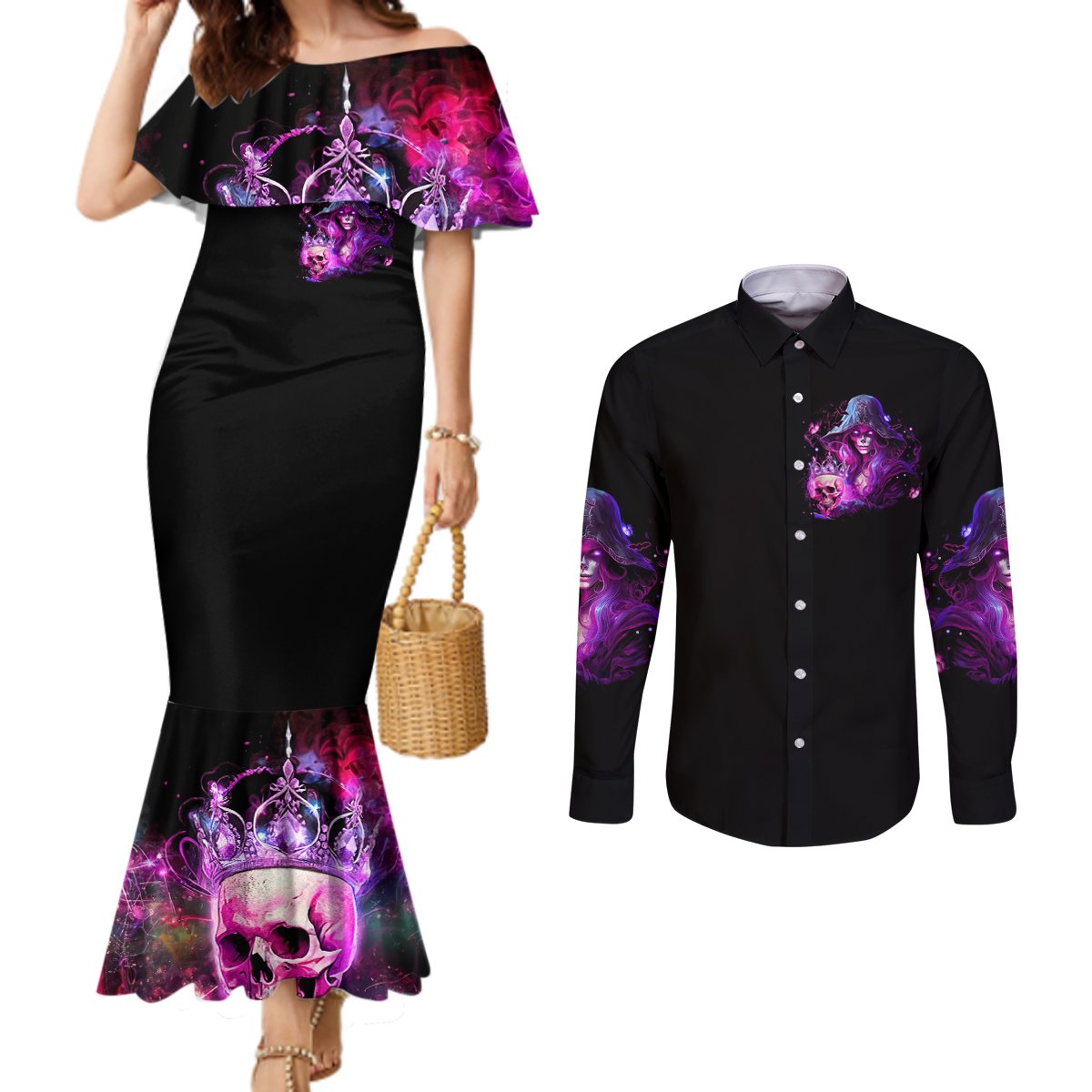 Witch Skull Couples Matching Mermaid Dress and Long Sleeve Button Shirt It's More Fun Being The Wicked Witch DT01