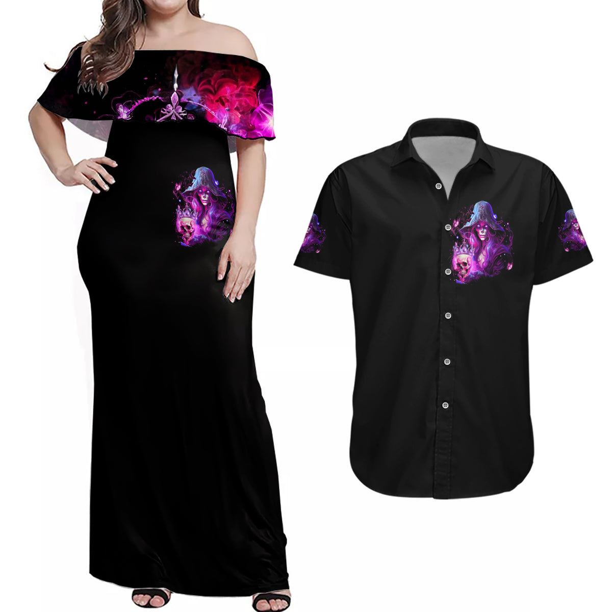 Witch Skull Couples Matching Off Shoulder Maxi Dress and Hawaiian Shirt It's More Fun Being The Wicked Witch - Wonder Print Shop