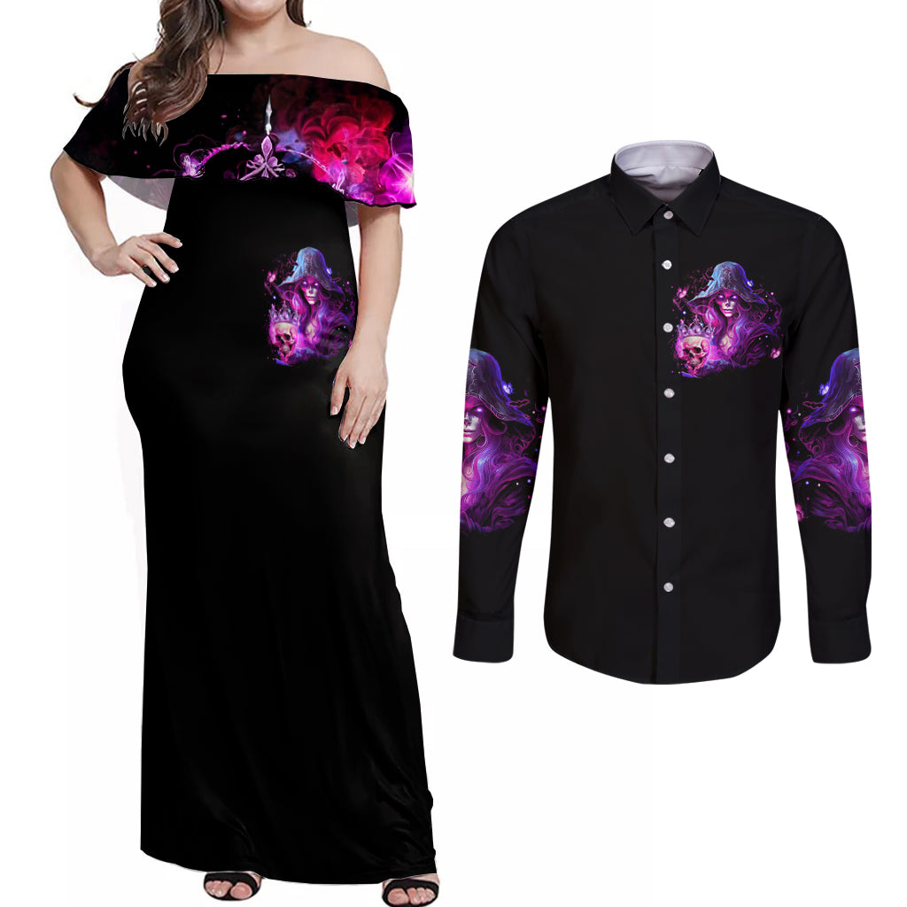 Witch Skull Couples Matching Off Shoulder Maxi Dress and Long Sleeve Button Shirt It's More Fun Being The Wicked Witch - Wonder Print Shop