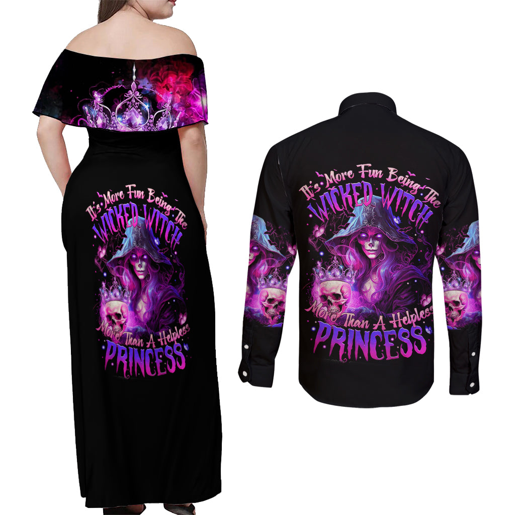 Witch Skull Couples Matching Off Shoulder Maxi Dress and Long Sleeve Button Shirt It's More Fun Being The Wicked Witch - Wonder Print Shop