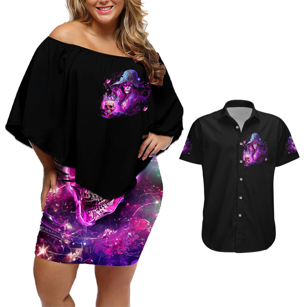 Witch Skull Couples Matching Off Shoulder Short Dress and Hawaiian Shirt It's More Fun Being The Wicked Witch - Wonder Print Shop