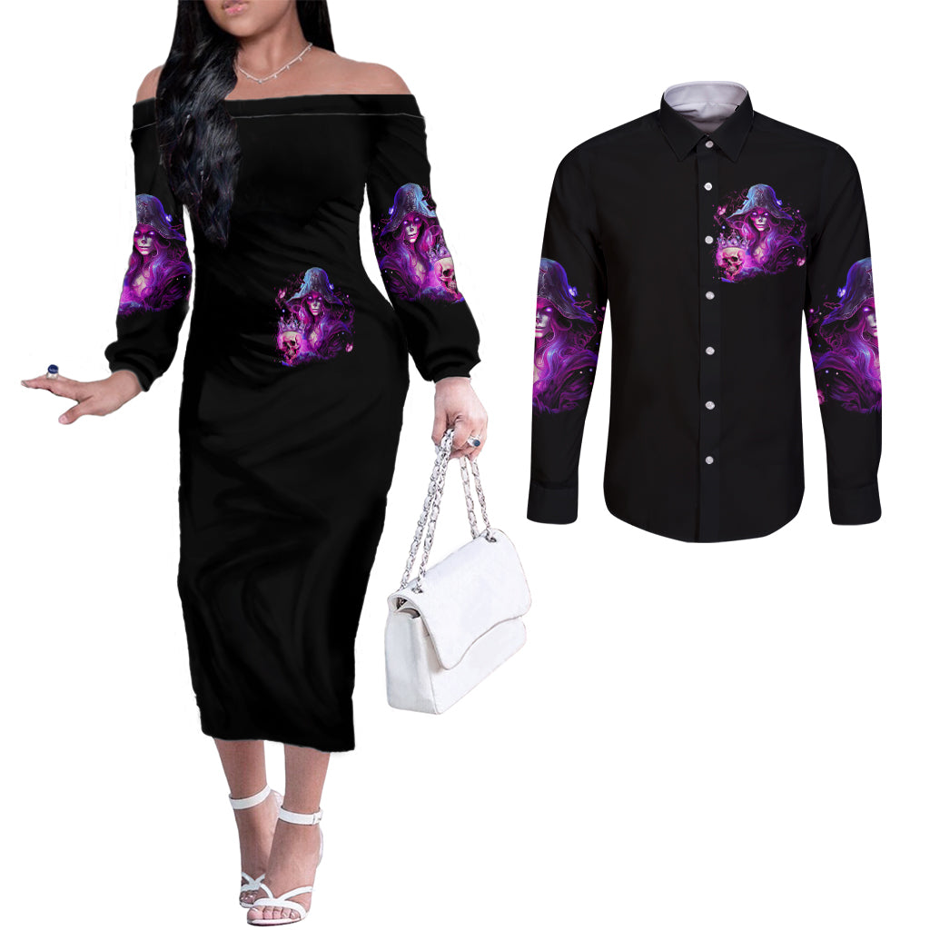 Witch Skull Couples Matching Off The Shoulder Long Sleeve Dress and Long Sleeve Button Shirt It's More Fun Being The Wicked Witch DT01