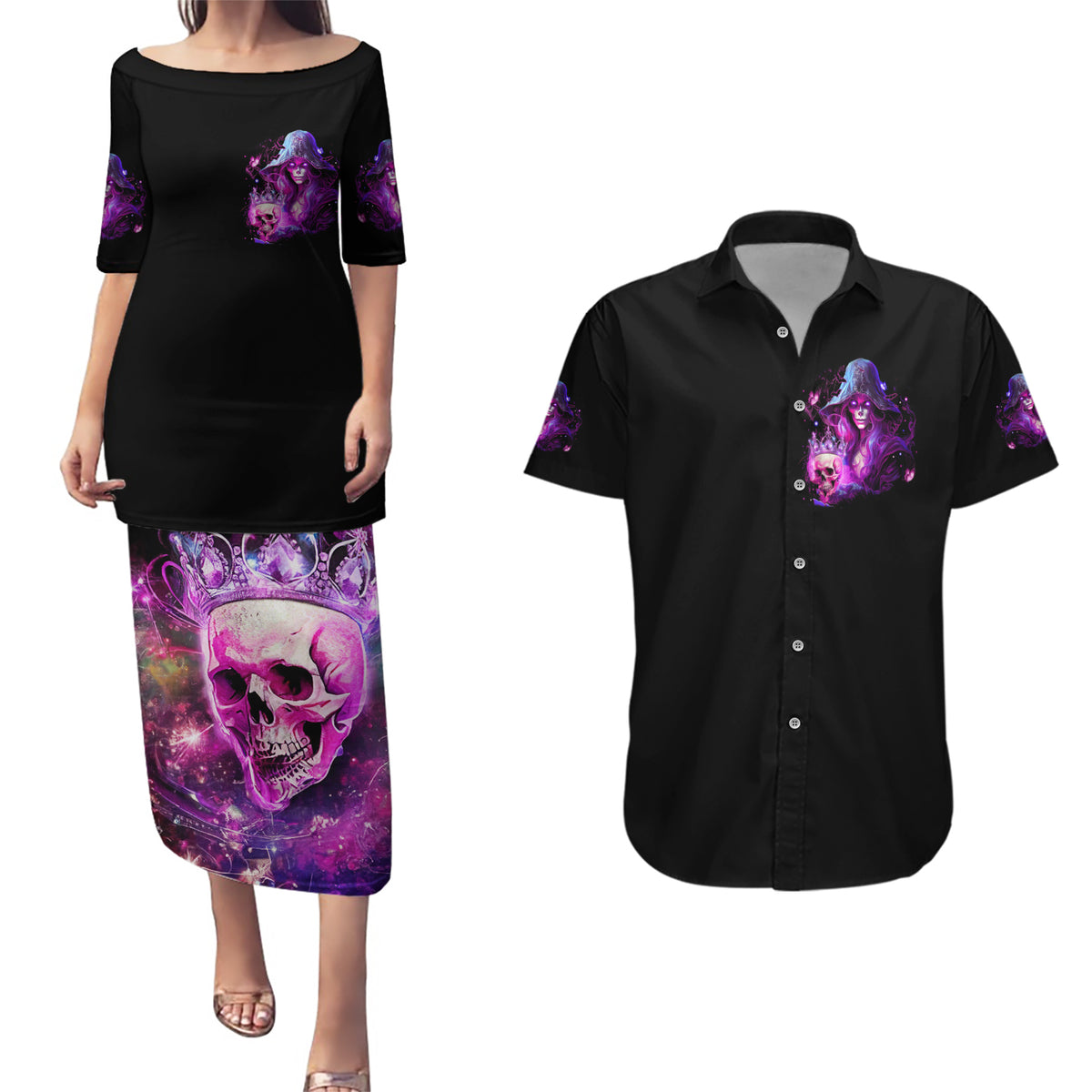 Witch Skull Couples Matching Puletasi Dress and Hawaiian Shirt It's More Fun Being The Wicked Witch - Wonder Print Shop