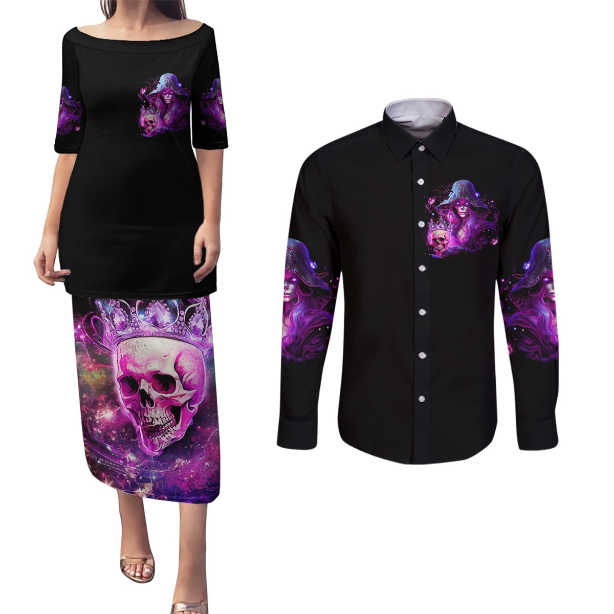 Witch Skull Couples Matching Puletasi Dress and Long Sleeve Button Shirt It's More Fun Being The Wicked Witch - Wonder Print Shop