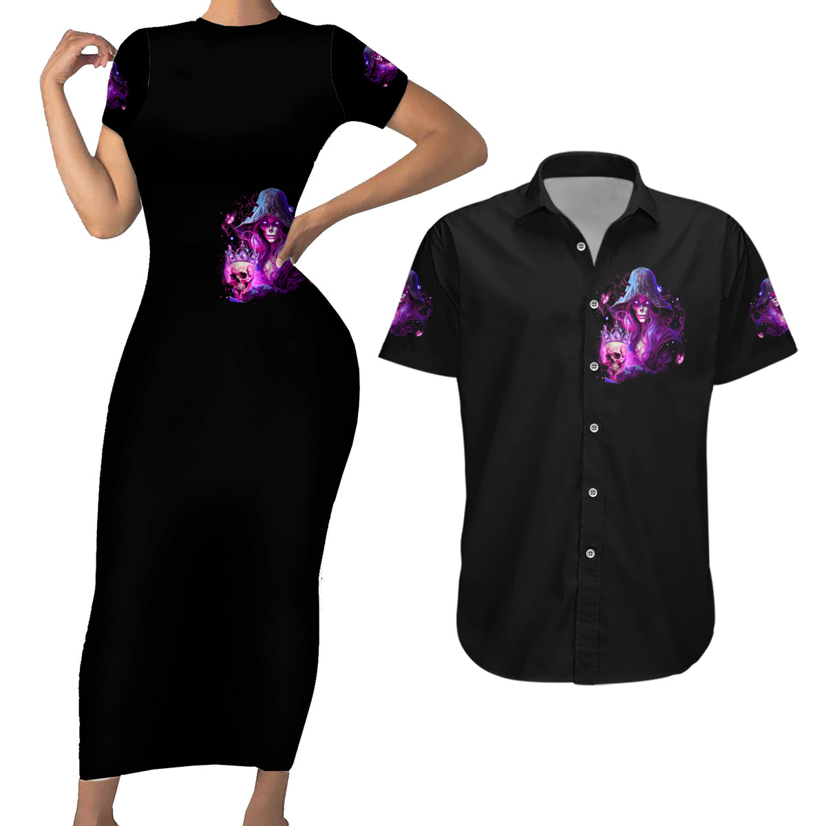 Witch Skull Couples Matching Short Sleeve Bodycon Dress and Hawaiian Shirt It's More Fun Being The Wicked Witch - Wonder Print Shop