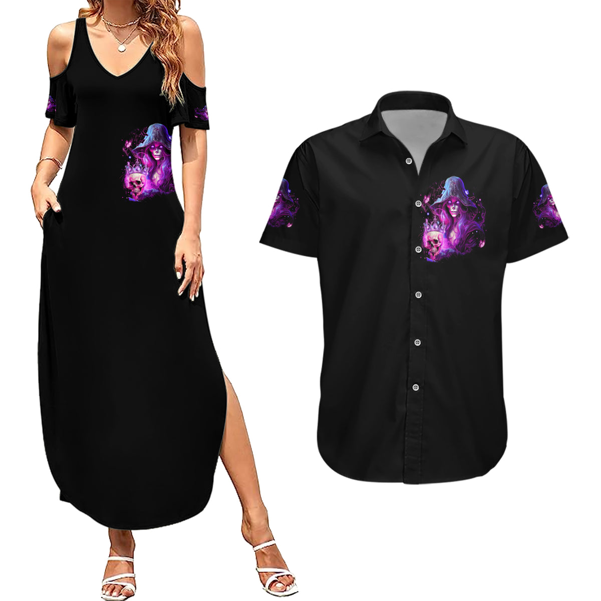 Witch Skull Couples Matching Summer Maxi Dress and Hawaiian Shirt It's More Fun Being The Wicked Witch - Wonder Print Shop
