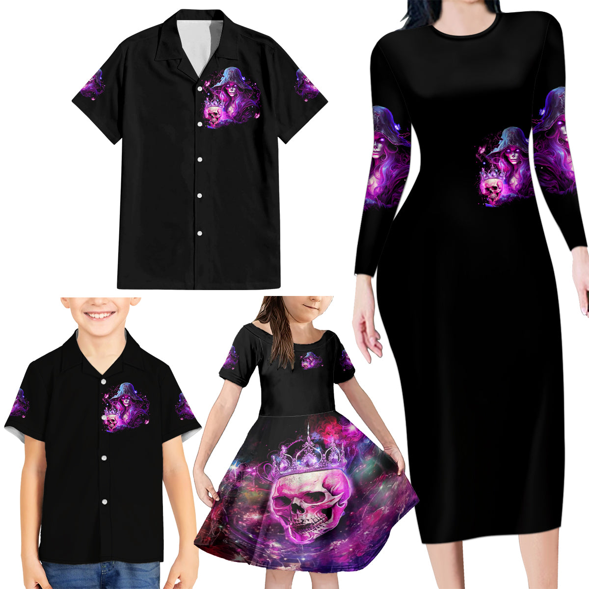 Witch Skull Family Matching Long Sleeve Bodycon Dress and Hawaiian Shirt It's More Fun Being The Wicked Witch - Wonder Print Shop