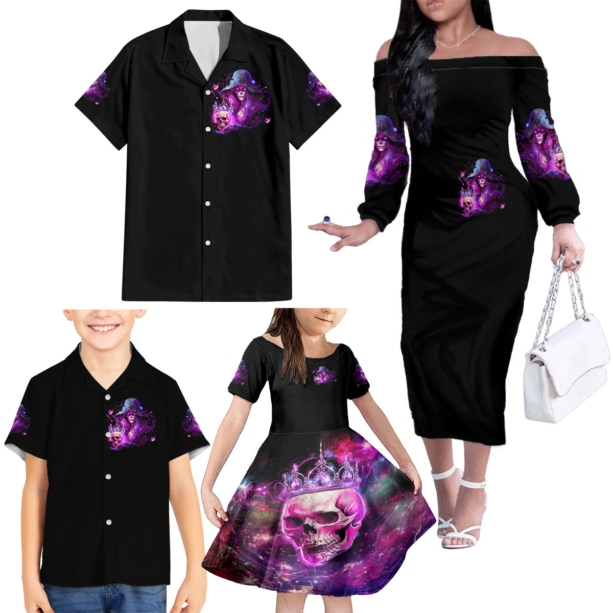 Witch Skull Family Matching Off Shoulder Long Sleeve Dress and Hawaiian Shirt It's More Fun Being The Wicked Witch - Wonder Print Shop