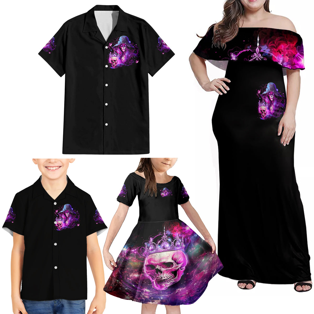 Witch Skull Family Matching Off Shoulder Maxi Dress and Hawaiian Shirt It's More Fun Being The Wicked Witch - Wonder Print Shop