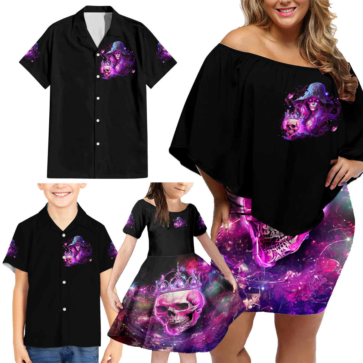Witch Skull Family Matching Off Shoulder Short Dress and Hawaiian Shirt It's More Fun Being The Wicked Witch - Wonder Print Shop