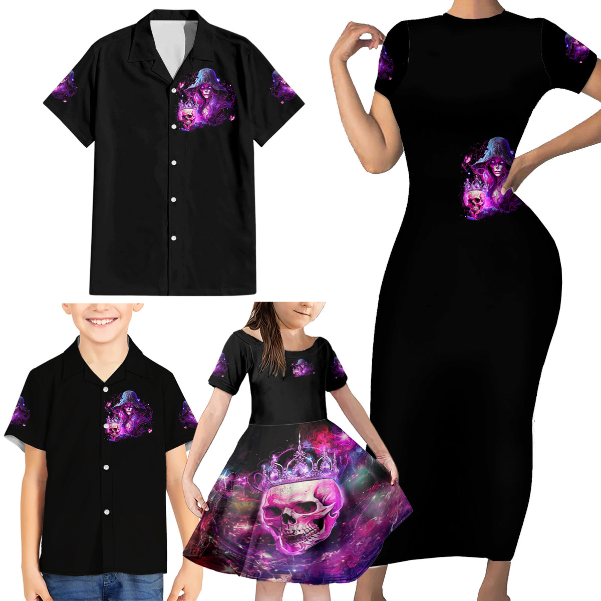 Witch Skull Family Matching Short Sleeve Bodycon Dress and Hawaiian Shirt It's More Fun Being The Wicked Witch - Wonder Print Shop