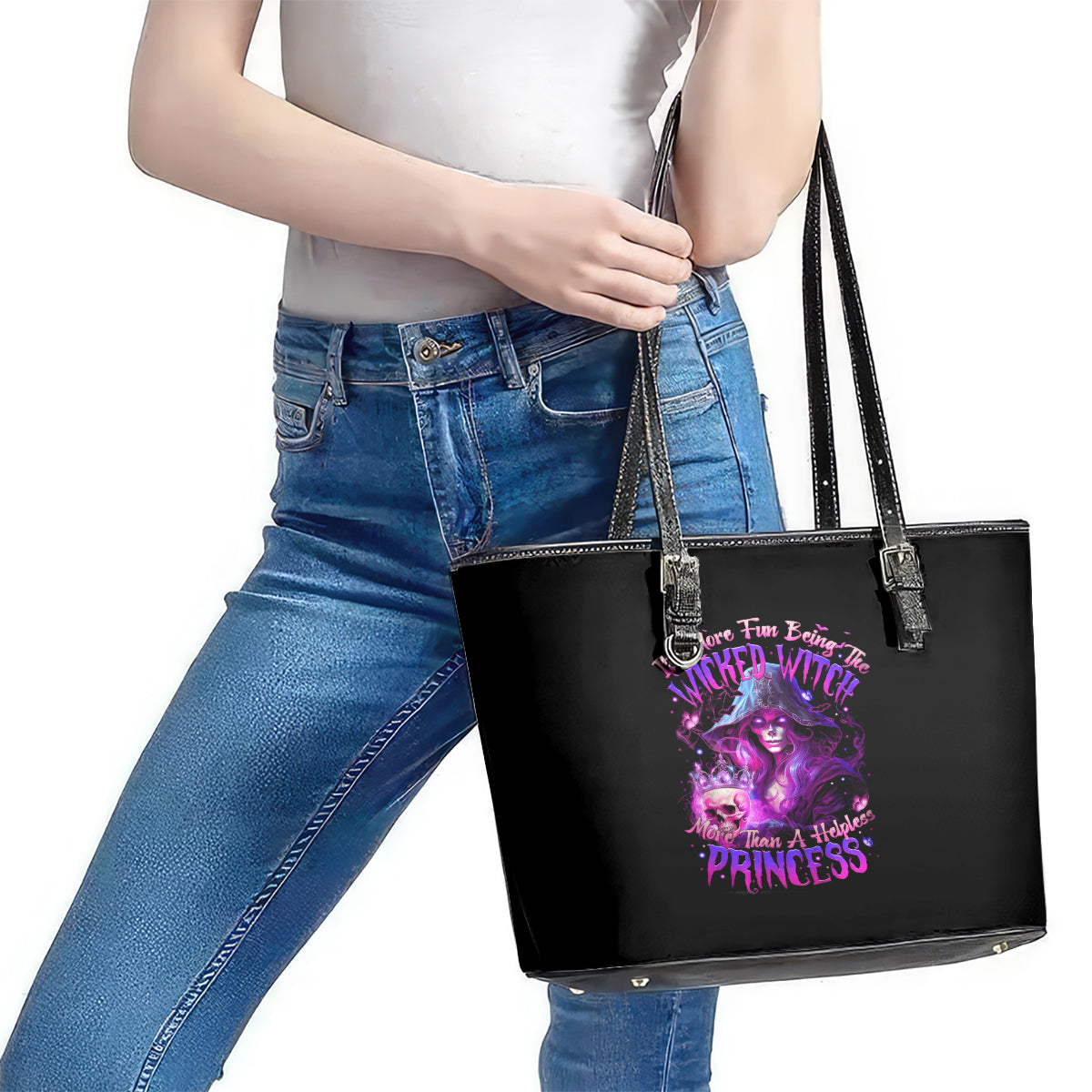 Witch Skull Leather Tote Bag It's More Fun Being The Wicked Witch - Wonder Print Shop