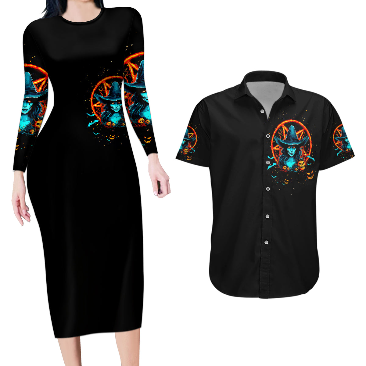 Witch Skull Couples Matching Long Sleeve Bodycon Dress and Hawaiian Shirt Don't Pss Off The Witch - Wonder Print Shop