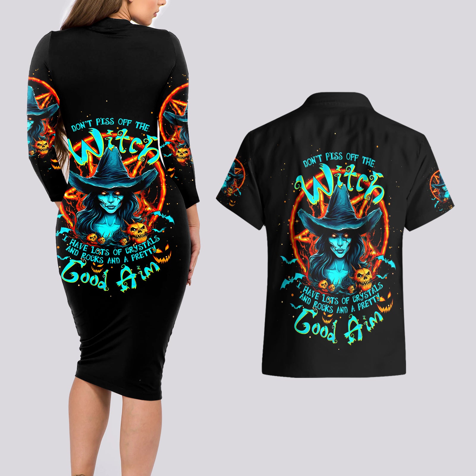Witch Skull Couples Matching Long Sleeve Bodycon Dress and Hawaiian Shirt Don't Pss Off The Witch - Wonder Print Shop