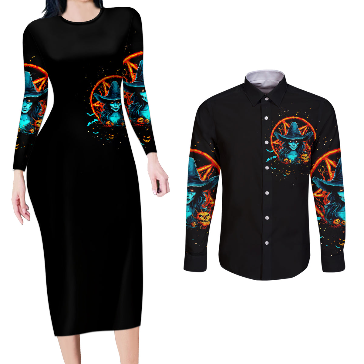 Witch Skull Couples Matching Long Sleeve Bodycon Dress and Long Sleeve Button Shirt Don't Pss Off The Witch - Wonder Print Shop