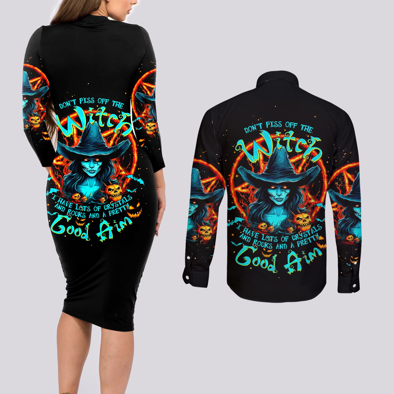 Witch Skull Couples Matching Long Sleeve Bodycon Dress and Long Sleeve Button Shirt Don't Pss Off The Witch - Wonder Print Shop