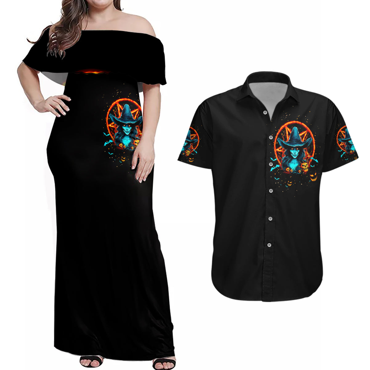 Witch Skull Couples Matching Off Shoulder Maxi Dress and Hawaiian Shirt Don't Pss Off The Witch - Wonder Print Shop