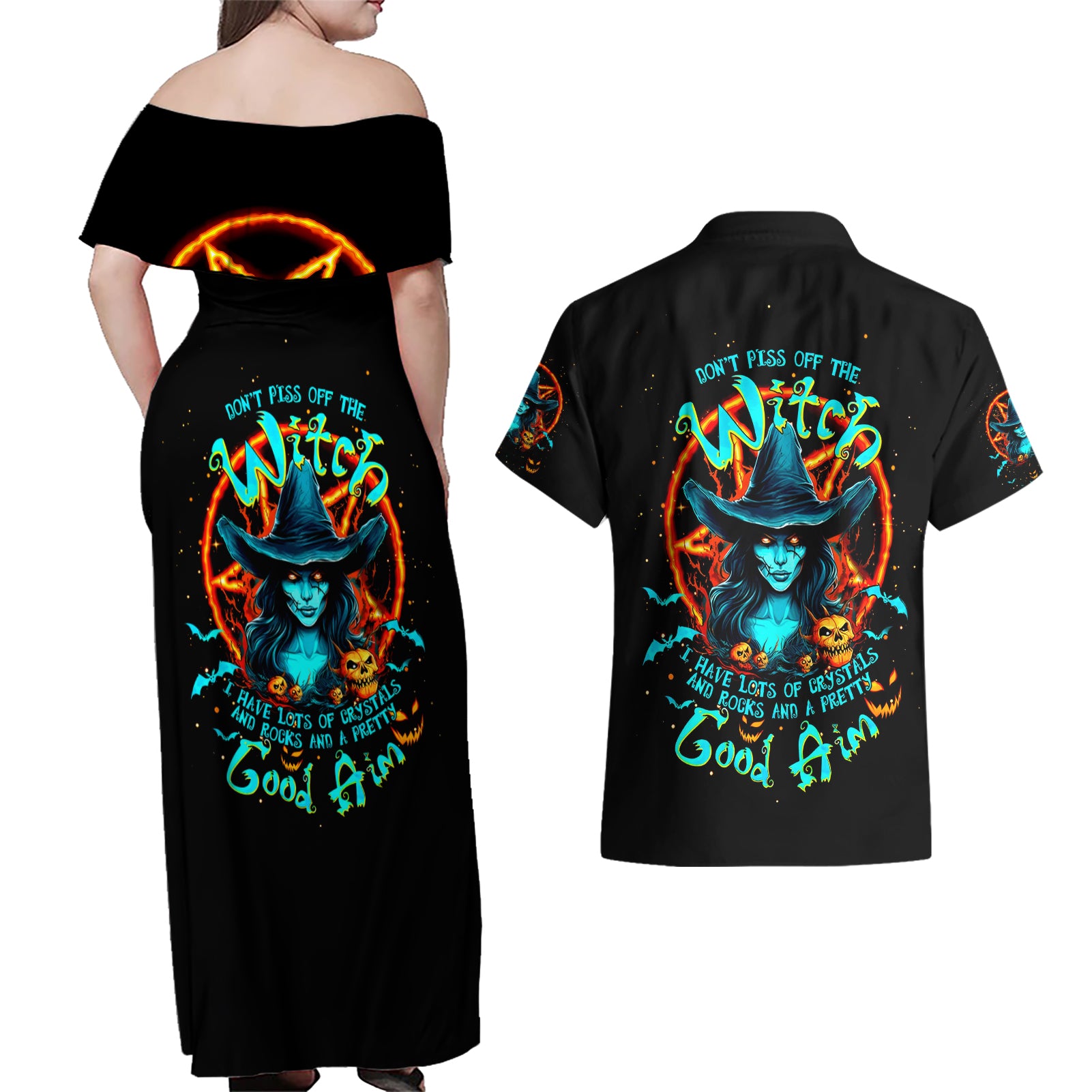 Witch Skull Couples Matching Off Shoulder Maxi Dress and Hawaiian Shirt Don't Pss Off The Witch - Wonder Print Shop