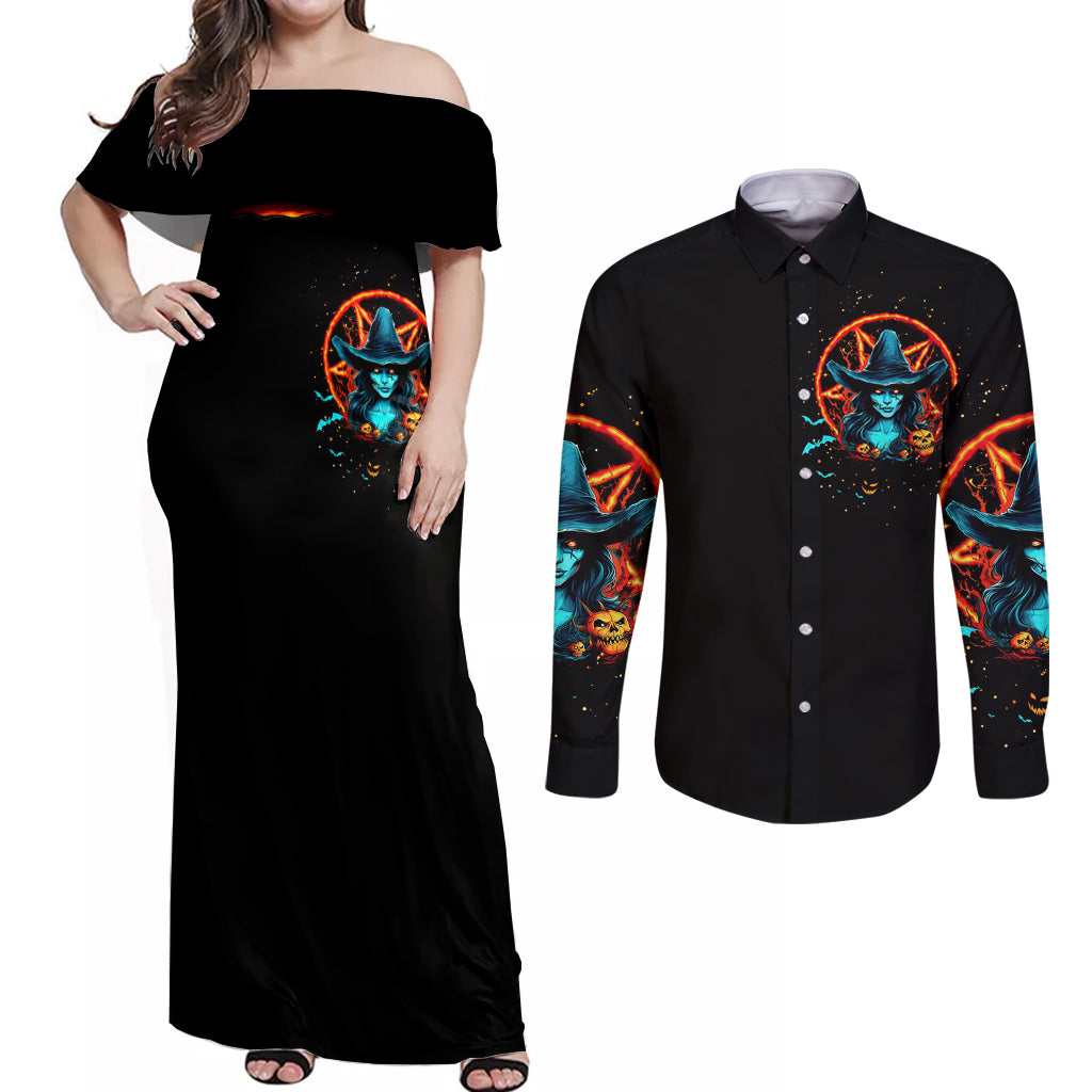 Witch Skull Couples Matching Off Shoulder Maxi Dress and Long Sleeve Button Shirt Don't Pss Off The Witch - Wonder Print Shop