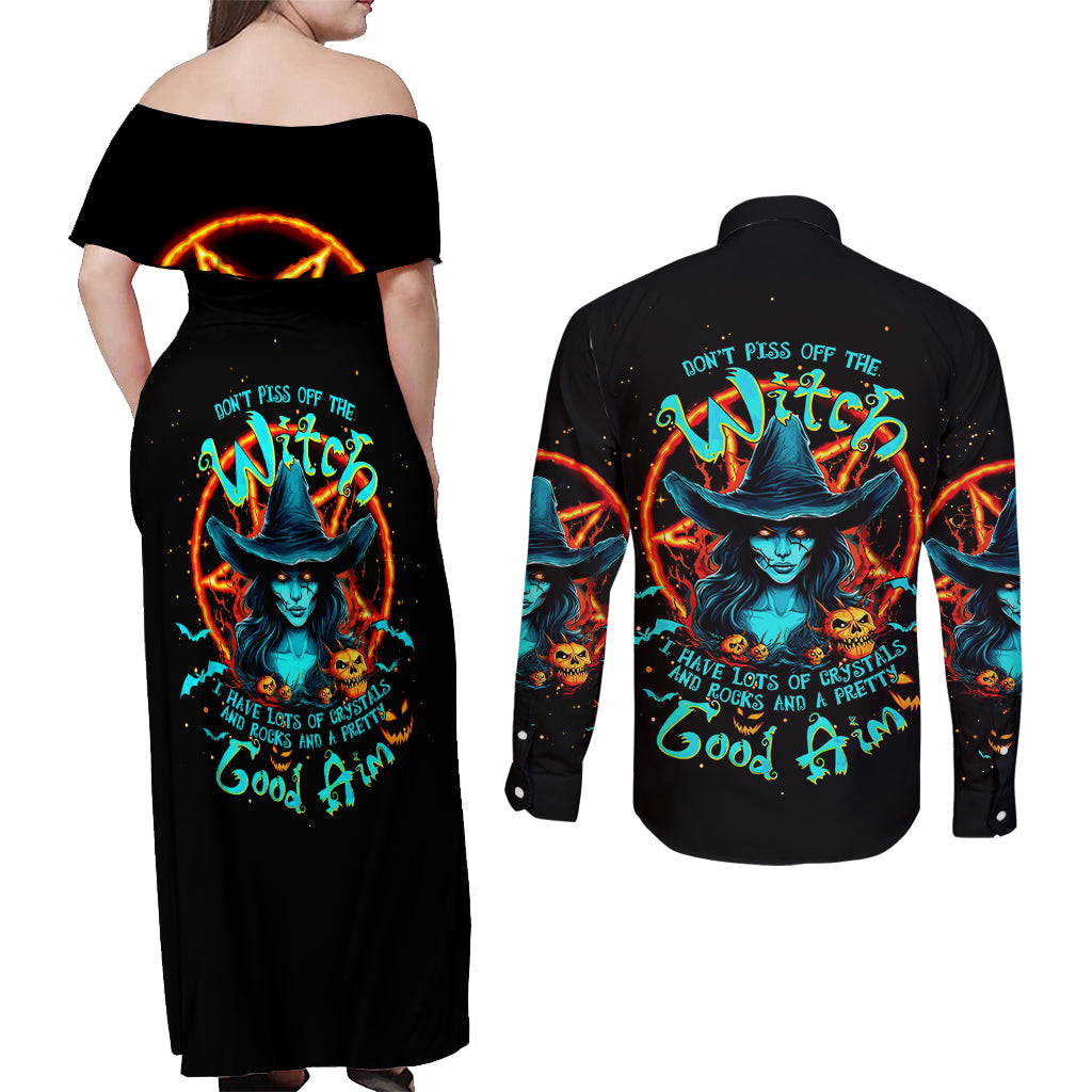 Witch Skull Couples Matching Off Shoulder Maxi Dress and Long Sleeve Button Shirt Don't Pss Off The Witch - Wonder Print Shop