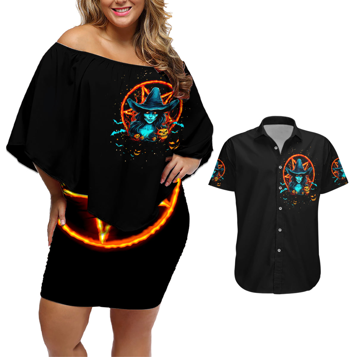 Witch Skull Couples Matching Off Shoulder Short Dress and Hawaiian Shirt Don't Pss Off The Witch - Wonder Print Shop