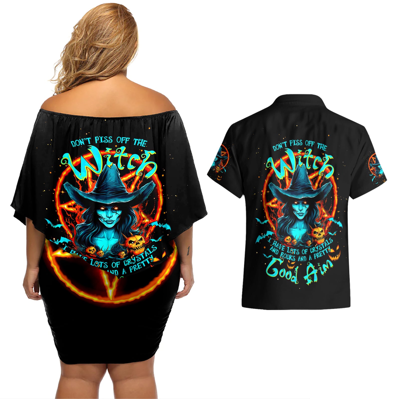 Witch Skull Couples Matching Off Shoulder Short Dress and Hawaiian Shirt Don't Pss Off The Witch - Wonder Print Shop