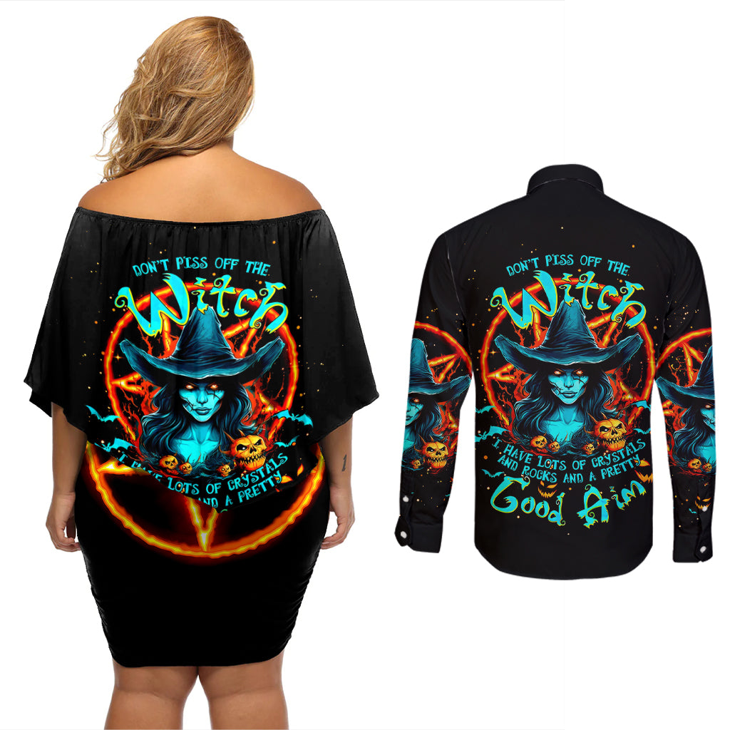 Witch Skull Couples Matching Off Shoulder Short Dress and Long Sleeve Button Shirt Don't Pss Off The Witch - Wonder Print Shop