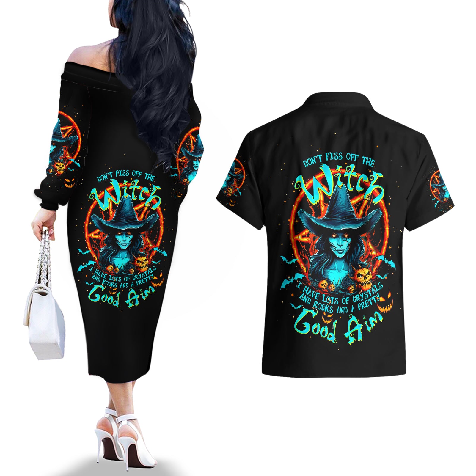 Witch Skull Couples Matching Off The Shoulder Long Sleeve Dress and Hawaiian Shirt Don't Pss Off The Witch - Wonder Print Shop