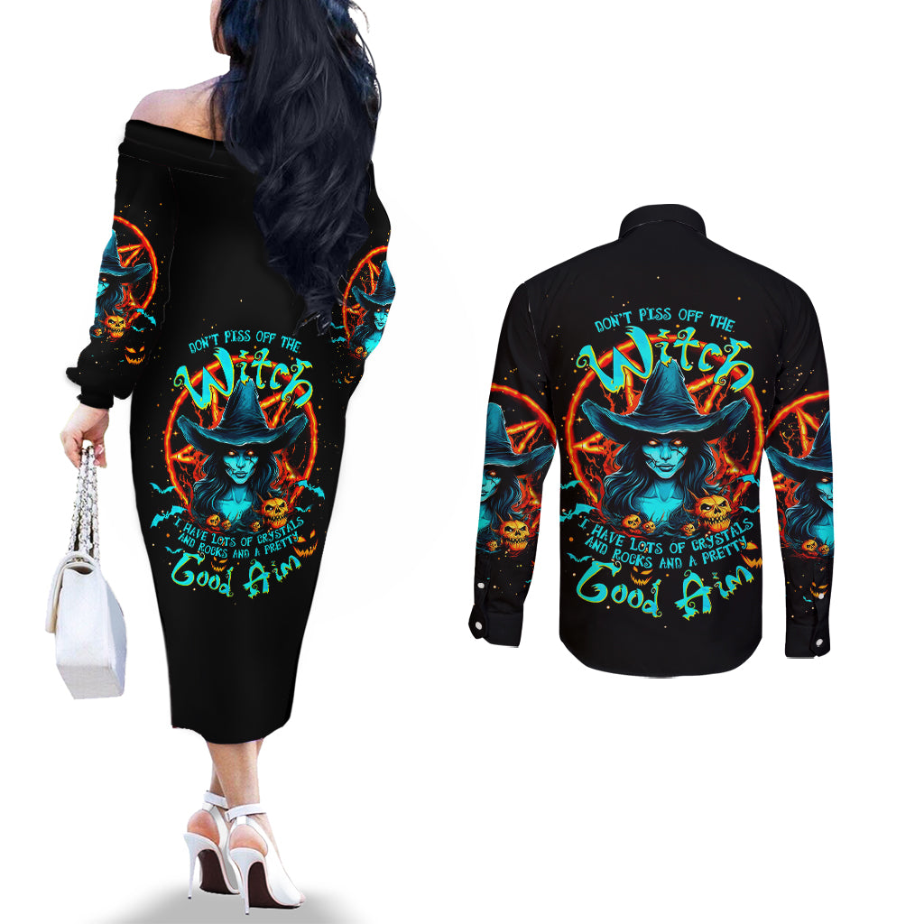 Witch Skull Couples Matching Off The Shoulder Long Sleeve Dress and Long Sleeve Button Shirt Don't Pss Off The Witch DT01