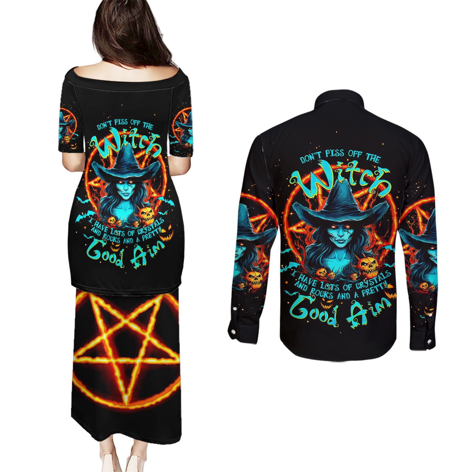 Witch Skull Couples Matching Puletasi Dress and Long Sleeve Button Shirt Don't Pss Off The Witch - Wonder Print Shop