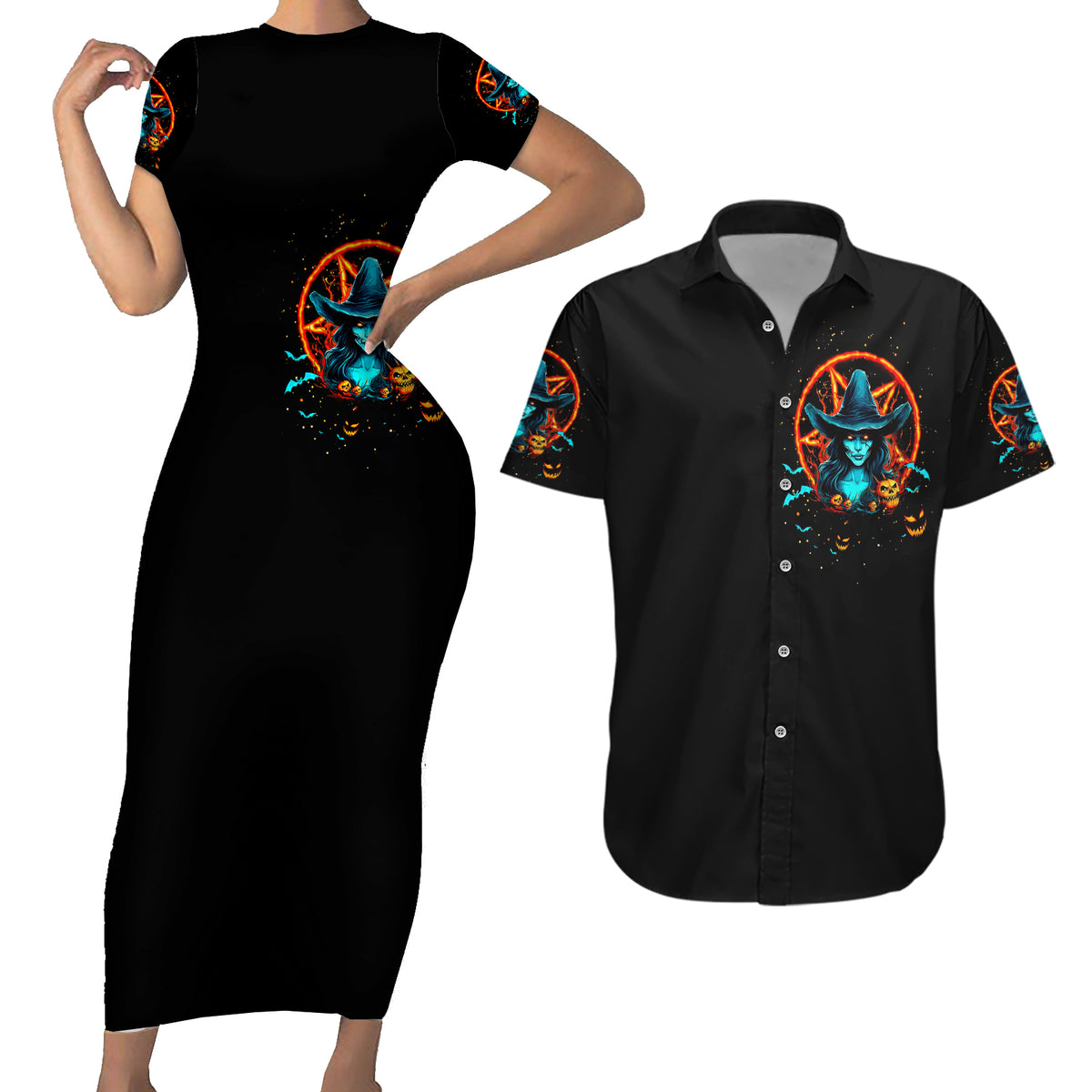 Witch Skull Couples Matching Short Sleeve Bodycon Dress and Hawaiian Shirt Don't Pss Off The Witch - Wonder Print Shop