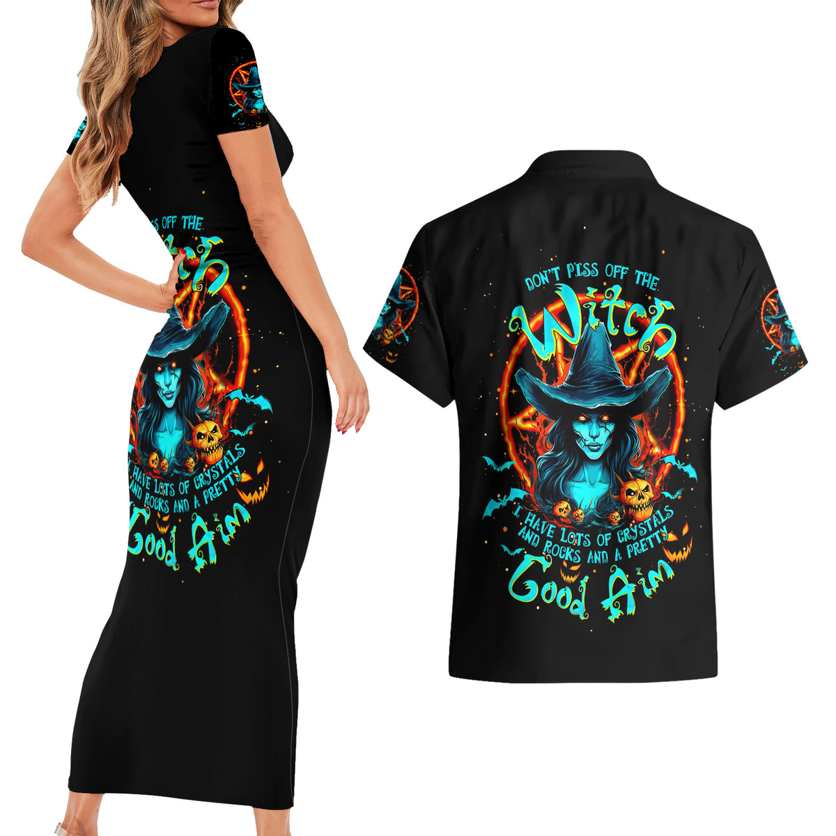 Witch Skull Couples Matching Short Sleeve Bodycon Dress and Hawaiian Shirt Don't Pss Off The Witch - Wonder Print Shop