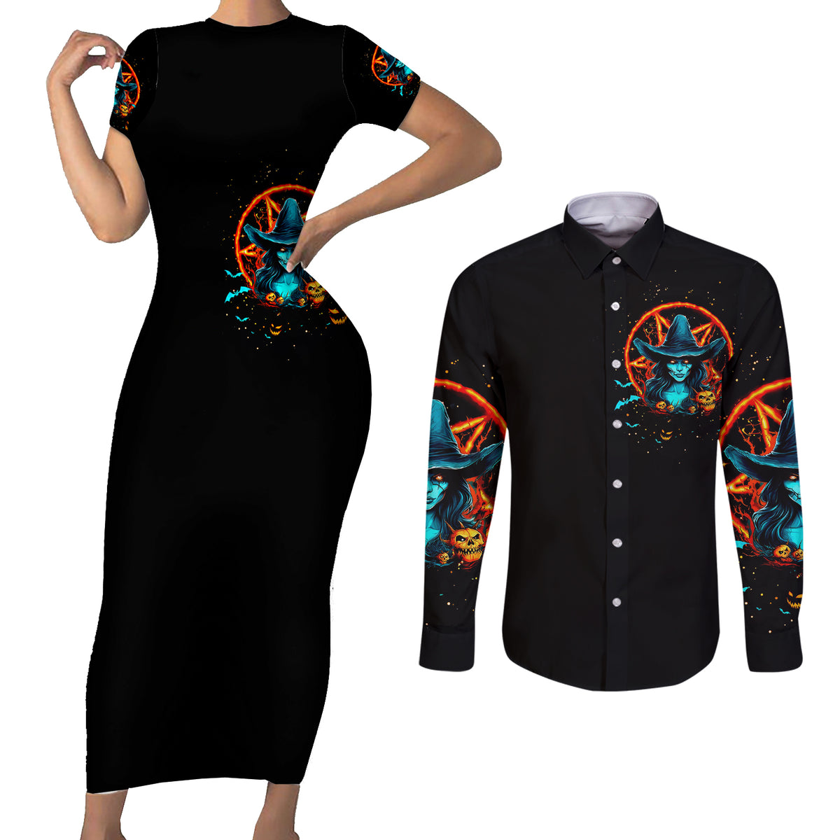 Witch Skull Couples Matching Short Sleeve Bodycon Dress and Long Sleeve Button Shirt Don't Pss Off The Witch - Wonder Print Shop